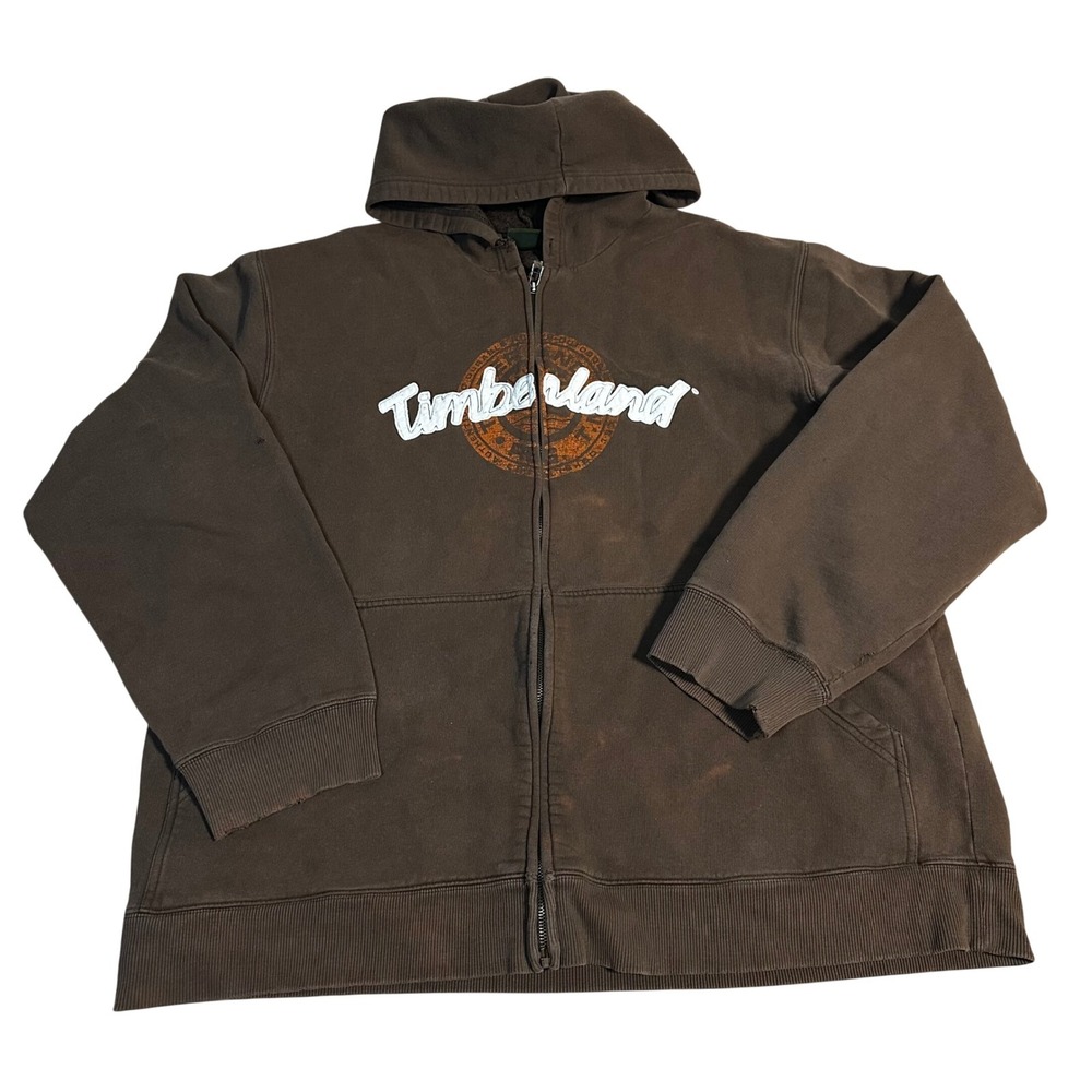 Vintage Timberland Brown Full Zip Hoodie Graphic Logo Sweatshirt Men's XXL TTG